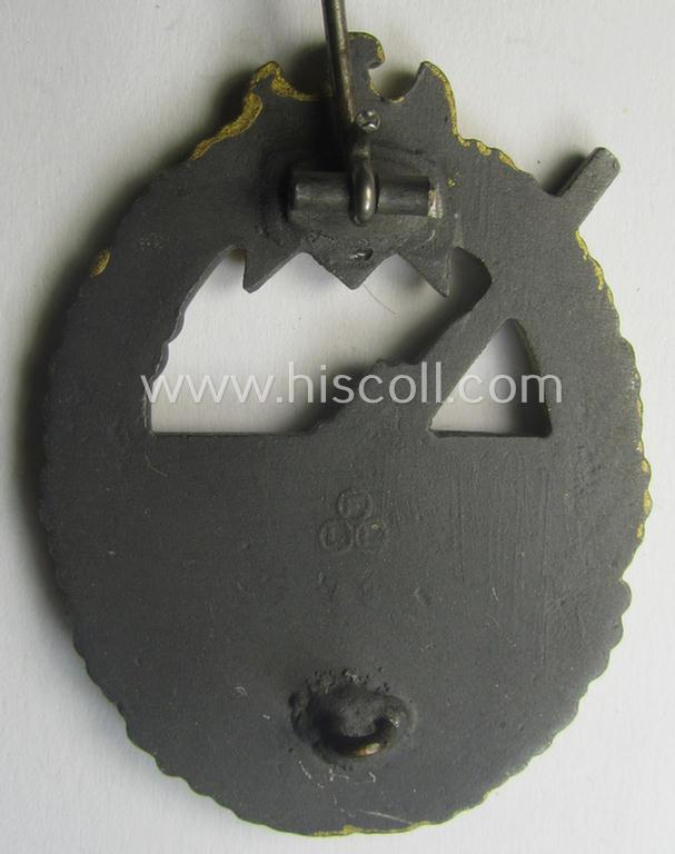 'Virtually mint' example of a WH (Kriegsmarine) 'Marine-Artillerie-Abzeichen' being a maker- (ie. F.L.L.-) marked- and/or typical zinc- (ie. 'Feinzink'-) based example as was produced by the: 'Friedrich Linden'-company