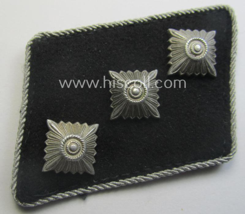 Waffen-SS (ie. 'SS') officers'-pattern collar-rank-tab ('Kragenspiegel für Führer') being a 'standard-issue'- (ie. 'RzM'-) pattern example as executed in the black-coloured wool as was intended for an: 'SS-Untersturmführer'