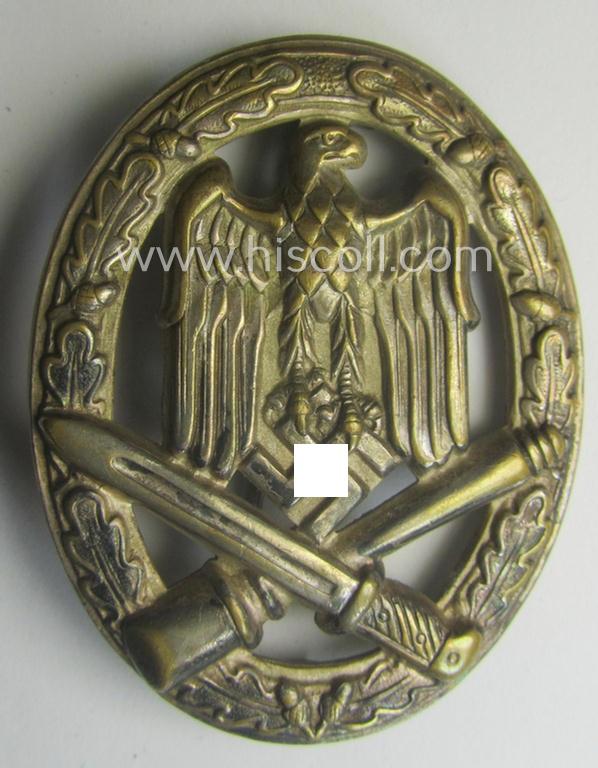Attractive - and moderately used- ie. worn! - 'Allgemeines Sturmabzeichen' (or: General Assault Badge ie. GAB) being a (typical) unmarked 'Buntmetall'-based and/or scarcely seen 'hollow-back'-version as produced by the: 'Otto Schickle'-company