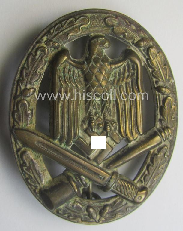 Attractive - and moderately used- ie. worn! - 'Allgemeines Sturmabzeichen' (or: General Assault Badge ie. GAB) being a (typical) unmarked 'Buntmetall'-based and/or scarcely seen 'hollow-back'-version as produced by the: 'Otto Schickle'-company