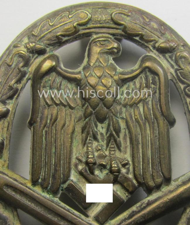 Attractive - and moderately used- ie. worn! - 'Allgemeines Sturmabzeichen' (or: General Assault Badge ie. GAB) being a (typical) unmarked 'Buntmetall'-based and/or scarcely seen 'hollow-back'-version as produced by the: 'Otto Schickle'-company