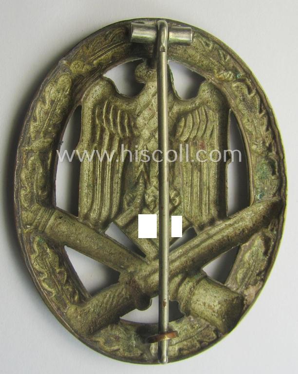 Attractive - and moderately used- ie. worn! - 'Allgemeines Sturmabzeichen' (or: General Assault Badge ie. GAB) being a (typical) unmarked 'Buntmetall'-based and/or scarcely seen 'hollow-back'-version as produced by the: 'Otto Schickle'-company
