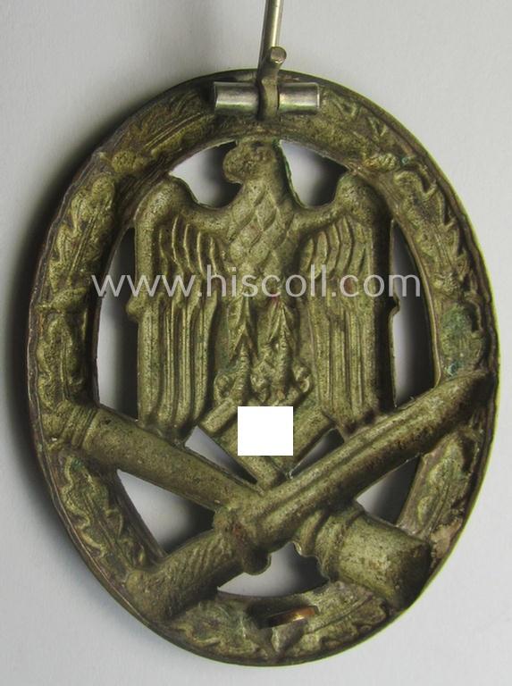 Attractive - and moderately used- ie. worn! - 'Allgemeines Sturmabzeichen' (or: General Assault Badge ie. GAB) being a (typical) unmarked 'Buntmetall'-based and/or scarcely seen 'hollow-back'-version as produced by the: 'Otto Schickle'-company