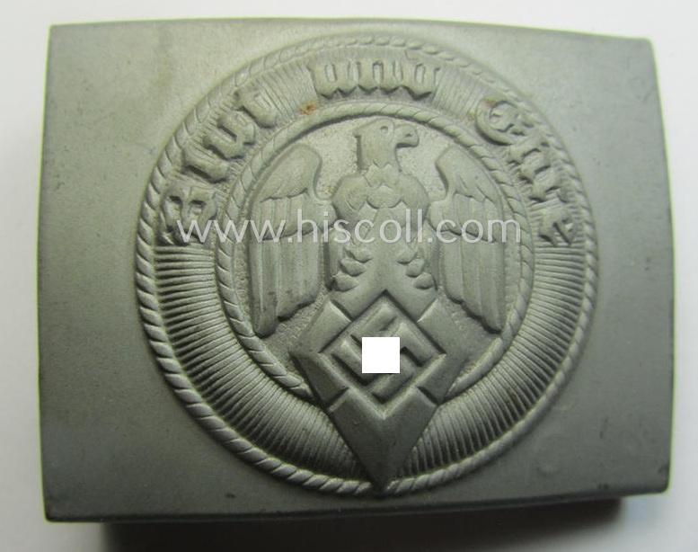 'Anodised'- (and 'virtually mint'!) 'HJ'- (ie. 'Hitlerjugend'-) related enlisted-mens'- (ie. NCO-) type belt-buckle being a non-maker-marked example that still retains its (period glued-in!) 'RzM'-etiket and that comes in a wonderful, condition
