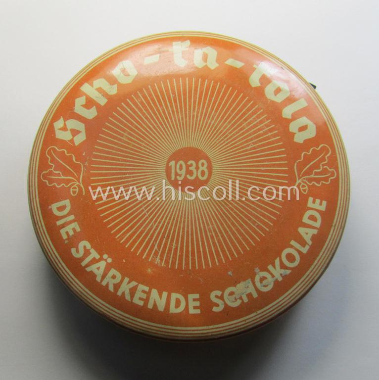Very unusual WH chocolate ration-tin of the make: 'Scho-ka-kola - Wehrmachts-Packung', dated: '1938' that comes in an overall very nice, and still complete (and never opened!), condition