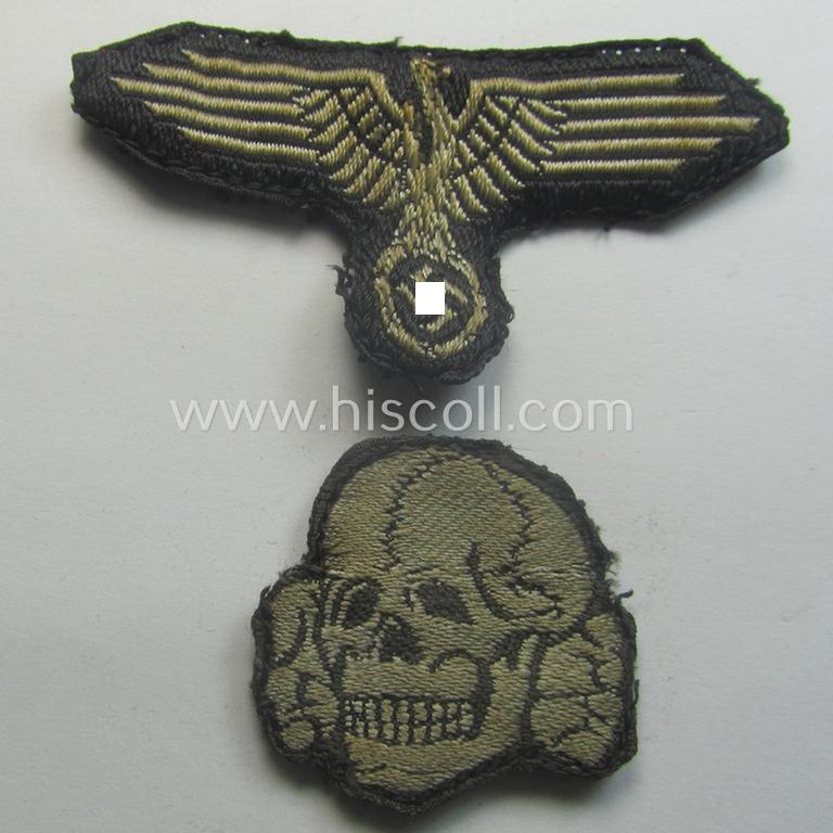 Superb - and nowadays rarely encountered! - Waffen-SS, 'BeVo'-woven-style skull- and cap-eagle-set (ie. 'Totenkopf- u. Adler-Effektensatz für Schiffchen o. Einheitsfeldmütze') that comes in a moderately used- and/or cap-removed, condition