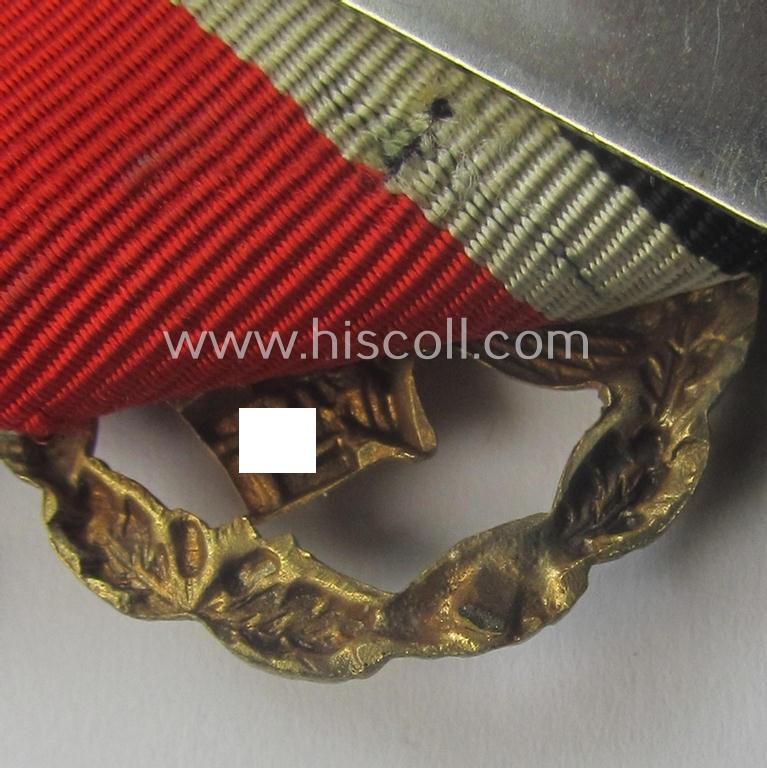 Truly used and/or tunic-removed - and actually rarely encountered! - 'Ehrenblattspange der Luftwaffe' (or: airforce honour-roll clasp) being a 'Buntmetall'- (ie. 'Tombak'-) based example by the maker (ie. 'Hersteller') 'Otto Klein & Co.'