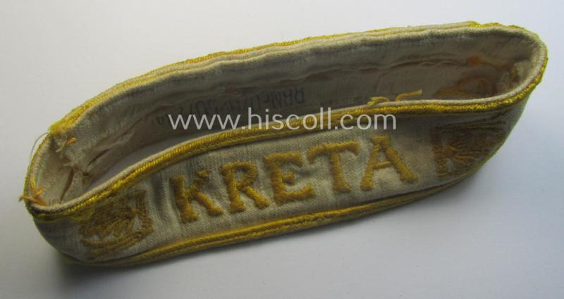 Truly worn WH cuff-title (ie. 'Ärmelstreifen') entitled: 'Kreta' (being an example that bears a printed 'RbN.'-numeral and that comes in an issued-, clearly worn- and/or most certainly once tunic-attached, condition)